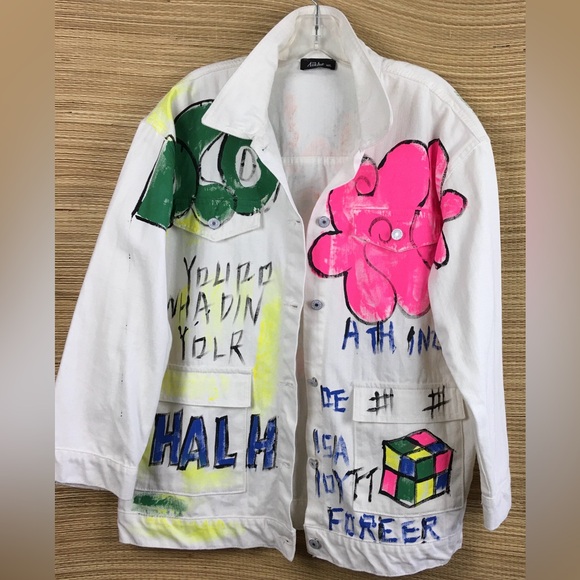 Aikha Handmade Graffiti Hand Painted Denim Jeans Jacket in White Size M/L - Picture 7 of 16